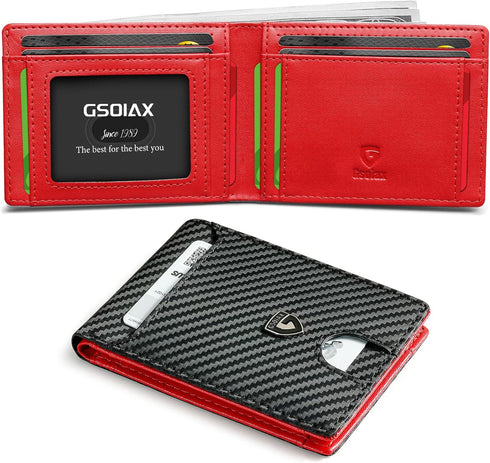 GSOIAX Mens Slim Wallet RFID Blocking Bifold wallets for men Minimalist Genuine Leather Carbon Fiber Card Holder Money Clip Thin Mens with Gift Bo...