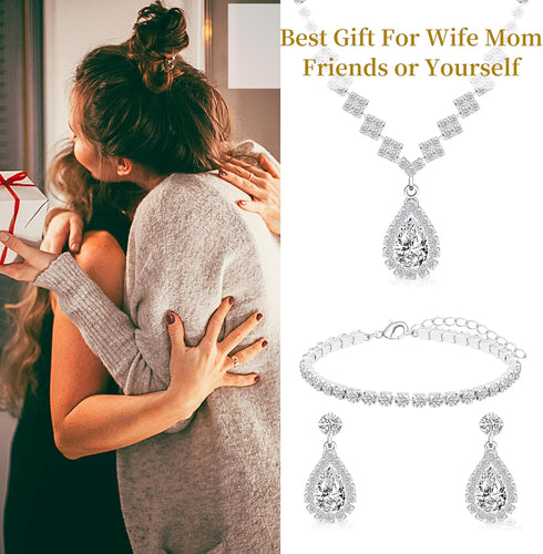 Bridal Silver Jewelry Set for Wedding, Hypoallergenic Crystal CZ Tennis Bracelet Dangle Earrings Necklace Set, Rhinestone Teardrop Wedding Jewelry...
