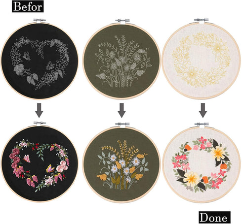 keke Full Series of Beginner Embroidery Kits Embroidery Cloth with 3 Stamp Patterns 3 Embroidery Stretches 6 Needles 1Scissors and Instructions (Y...