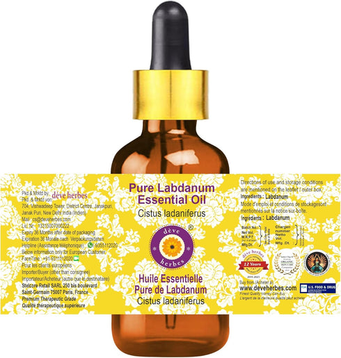 Deve Herbes Pure Labdanum Essential Oil (Cistus ladaniferus) with Glass Dropper Steam Distilled 50ml (1.69 oz)...
