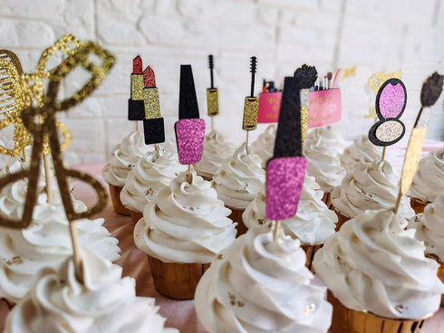 Spa Makeup Cupcake Toppers Decoration Supplies for Female Bridal Shower Bachelorette Salon Spa Cosmetics Themed Girls 18th Birthday Party 24Pcs Go...