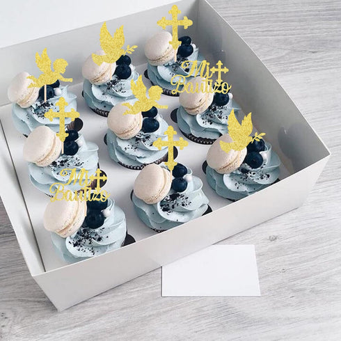 24 Pack Spanish Mi Bautizo Cupcake Toppers with Glitter Cross Angel Dove Baptism Cupcake Picks Decorations for Religious God Bless Theme Baby Show...