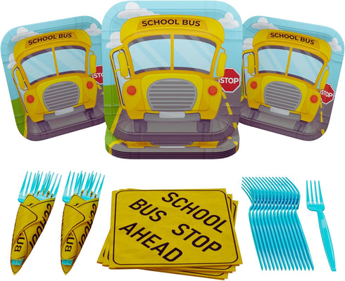 Blue Orchards School Bus Value Party Supplies Pack (60 Pieces for 16 Guests) - School Bus Party Supplies, School Bus Birthday Plates and Napkins, ...