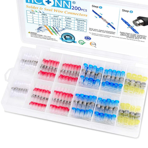 TICONN 200 Pcs Solder Seal Wire Connectors, Heat Shrink Butt Connectors, Waterproof and Insulated Electrical Wire Terminals, Butt Splice (200PCS)...