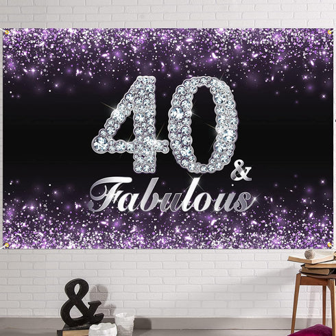 HAMIGAR 6x4ft Happy 40th Birthday Banner Backdrop - 40 & Fabulous Birthday Decorations Party Supplies for Women - Purple...