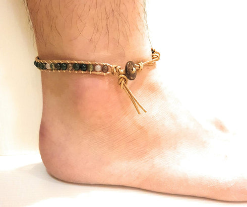 Infinityee Ankle Bracelet Woven Light Brown Leather Vintage Handmade Hippie Bohemian Gypsy Boho Unisex Anklet for Men, Women, Teenager (Jasper sto...
