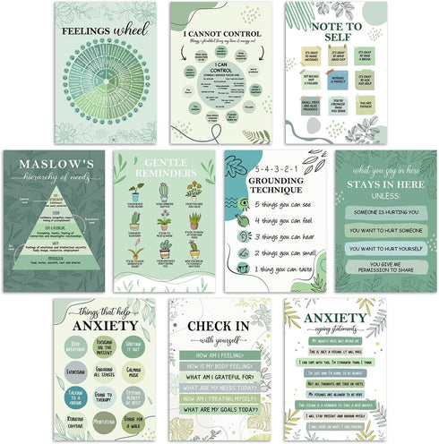 BirtDerr 10 Pcs Greenery Mental Health Posters, Psychological Wall Decor, Therapy Office Decor, Counseling Office Must Haves, School Counselor Sup...