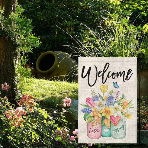 CROWNED BEAUTY Spring Garden Flag Floral Mason Jar 12×18 Inch Double Sided for Outside Small Burlap Welcome Yard Flag...