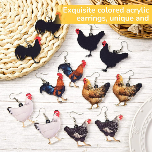 6 Pairs Acrylic Hen Chicken Earrings Animal Rooster Drop Dangle Earrings Cute Farm Chicken Jewelry for Girl Women Ladies Gift...