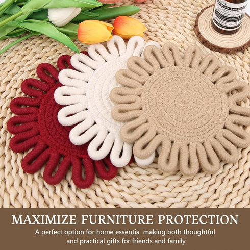 3 Pcs Trivets for Hot Dishes, Pot Holders, Cotton Thread Weave Trivets for Hot Pots and Pans (Beige, Khaki, Date Red)...