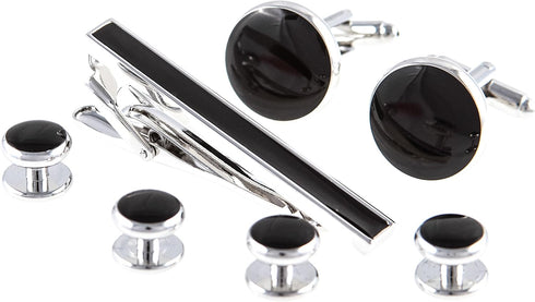 Black Designer Onyx Cufflinks & Studs & Tie Bar Tuxedo Set in Presentation Gift Box & Polishing Cloth...