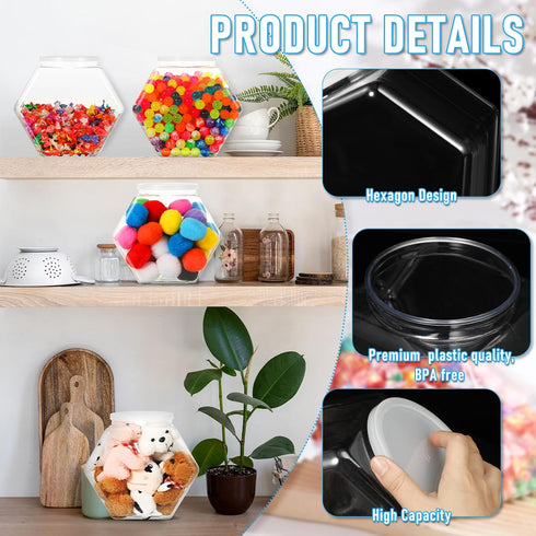 Uiifan 1 Piece Hexagonal Plastic Candy Jar with Lid Cookie Jar Clear Hexagonal Candy Containers for Snacks, Cookies, Dog Food, Craft and Sewing Su...