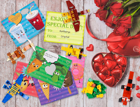 Geefuun 24 Sets Valentines Cards for Kids - 24 Scratch Off Jokes Cards + 24 Dinosaur Building Blocks Classroom School Exchange Gifts Love Party Fa...