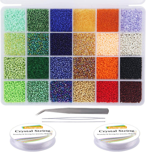 EuTengHao 14400pcs Glass Seed Beads Small Craft Beads for DIY Bracelet Necklaces Crafting Jewelry Making Supplies with Two 0.5mm Clear Bracelet St...