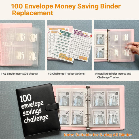 100 Envelope Money Saving Challenge Binder Replacement, 25 Sheets A5 Binder Inserts and 3 Trackers, Pre-labeled 1-100, Cash Stuffing Envelopes,Sav...