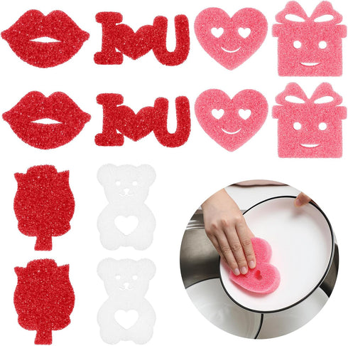 12 Pcs Valentine's Day Cleaning Sponges Cute Kitchen Scrub Sponges Heart Lip Bear Rose Sponge Temperature Sensitive Non Scratch Household Cleaning...