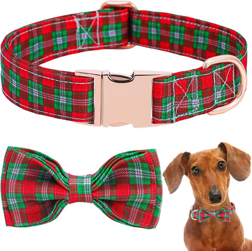 Dog Collar with Bow, Red Plaid Dog Collar Soft Durable Adjustable Cotton Red Green Tartan Puppy Collar for Small Medium Large Dog...
