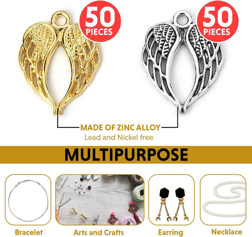 JGFinds Angel Wings Pendant Charm - 100 Pack (50 Silver, 50 Gold Toned) DIY Jewelry Making Supplies, Small 7/8 Inch Metal Wings for Bracelet, Neck...