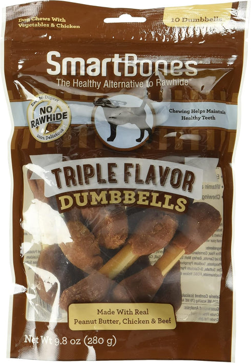 SmartBones Triple Flavor Dumbbells with Peanut Butter 10 Count, Rawhide-Free Chews for Dogs...