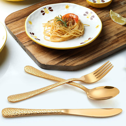 LIANYU 12-Piece Kids Gold Silverware Set, Stainless Steel Toddler Utensils, Hammered Metal Preschooler Flatware Cutlery Set, Children Tableware In...
