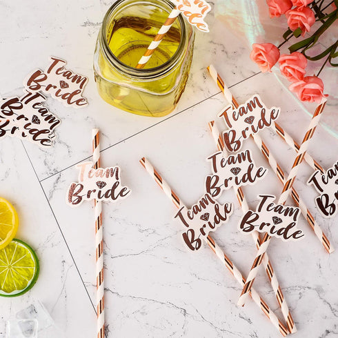 Boao 48 Pcs Paper Team Bride Straw Rose Gold Hen Party Paper Drinking Straws Bridal Shower Hen Party Accessories for Wedding Bachelorette Favors...