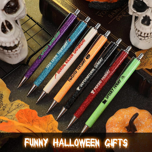 Sherr 7 Pcs Halloween Weekday Pens Days of the Week Pens Glitter Fancy Funny Ballpoint Pens with 10 Pcs Black Ink Refills Mood Cute Pen Gifts for ...