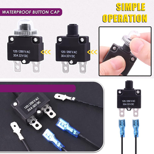 Swpeet 20Pcs 30Amp Thermal Circuit Breaker with 19cm 6.3mm Female Spade Terminals Wire Leads and Waterproof Button Caps Kit, Waterproof Push Butto...