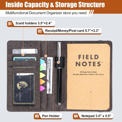 Journal Cover for Field Notes - Compatible with Moleskine Cahier's Notebook - Waterproof Fabric,Multifunctional Organizer with Pen Loop, Business ...