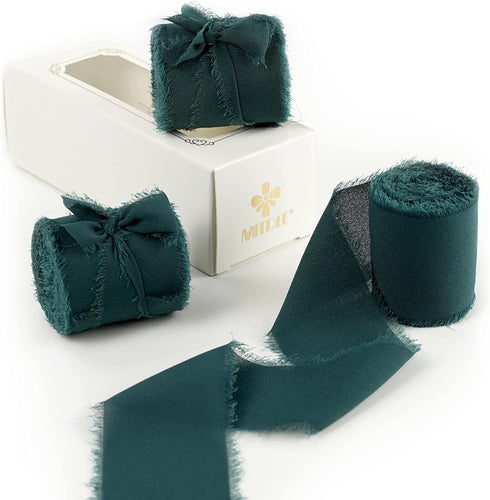MEEDEE Dark Green Chiffon Ribbon 2 Inch Frayed Ribbon Fringe Chiffon Ribbon Green Chiffon Ribbon for Crafts Silk Chiffon Ribbon for Gift Wrapping ...