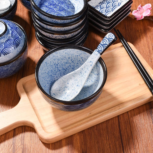 Ceramic Soup Spoons Japanese Ramen Spoons Set of 5 Wonton Spoon for Pho Ramen Noodles Wonton Dumpling Rice,With Blue Spots...