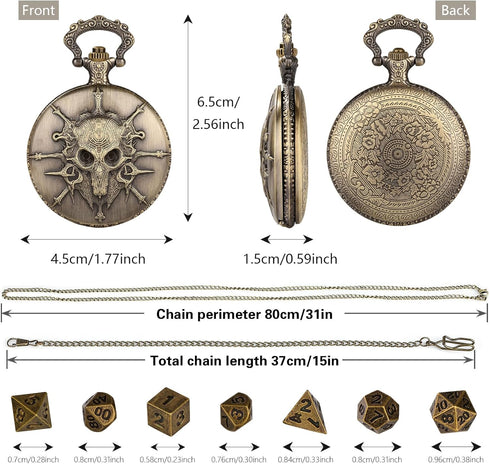 Mini DND Dice Set Steampunk Warlock Pocket Watch Shell Case, 7pcs Polyhedral Metal D&D Dice Set, DND Gifts with Gift Box for Gamer, Role Playing B...