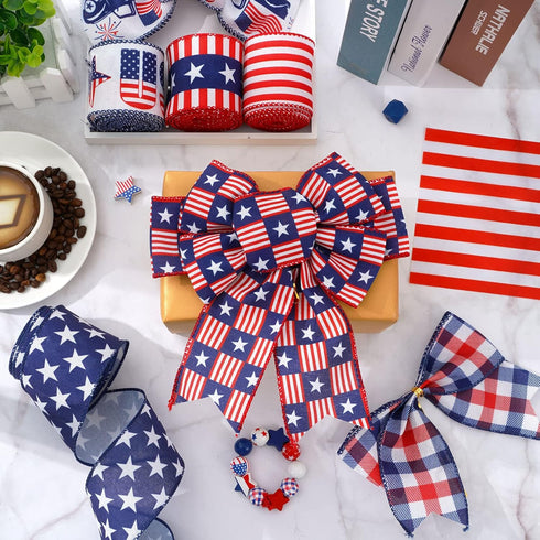 30 Yards Patriotic Wired Edge Ribbon American Flag Stars Stripes Truck Craft Ribbon 4th of July Fabric Ribbon for Independence Day Memorial Day Wr...