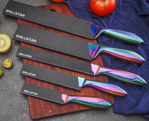 WELLSTAR Knife Edge Guards Set, 5 Piece Universal Blade Covers, BPA Free ABS Protective Blade Sheaths, Non-Scratch Felt Lining Kitchen Knives Cove...