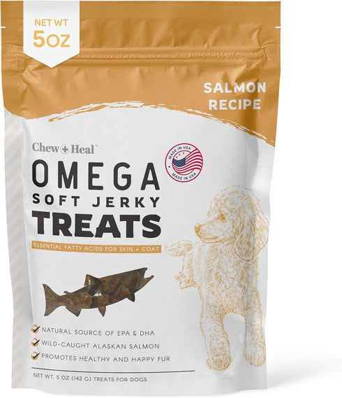 Chew + Heal Labs Omega Salmon Jerky Dog Treats - 5 oz of Soft Salmon Jerky for Skin and Coat - Made with Wild Alaskan Salmon, Flaxseed, Oat Flour,...