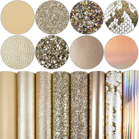 8 Pieces 8x12 Inch Faux Leather Sheets Light Gold Fine Chunky Glitter Patent Metallic Litchi Holographic Snake Texture Leather Fabric for Bows Ear...