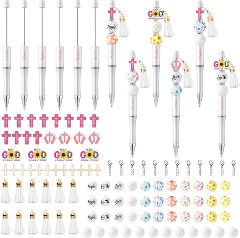 175pcs Religious Inspirational Beadable Ballpoint Pen Set, Set of 12 Plastic Beadable Pen, Hope Faith Love Wood Bead, Cross Pendant, Crystal Space...