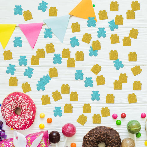 Amibishi 120pcs Bear and Gift Confetti for Baby Shower, Kids Boys Birthday Party Supplies Scatters, Gender Reveal Party DIY Craft Confetti (Blue G...
