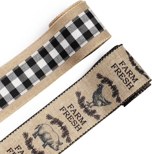 2 Roll 10 Yards Farm Ribbons, 2.5" Rooster Wired Edge Burlap Ribbon Black White Buffalo Plaid Ribbon Farm Fresh Gift Wrapping Ribbon for Home Part...