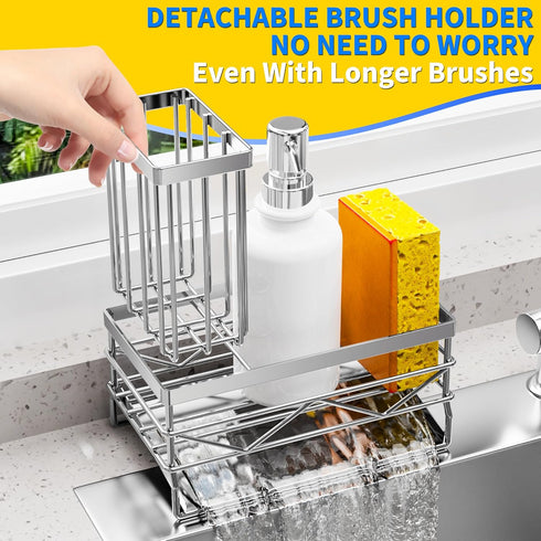 Silver Sink Caddy Sponge Holder for Kitchen Sink with Brush Holder and Stainless Steel Self Drain Tray, Rustproof Kitchen Sink Organizer for Spong...