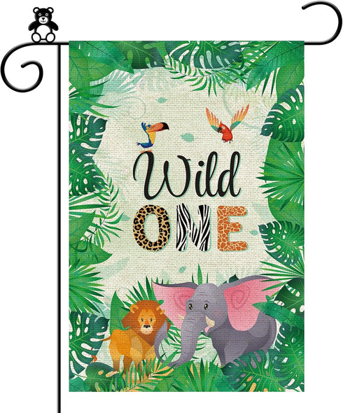 Wild One Garden Flag, Happy 1st Birthday Zoo Theme Outdoor Banner, 1st Birthday Party Decór Vertical Sign, Lion and Elephant Lawn Yard Double Side...