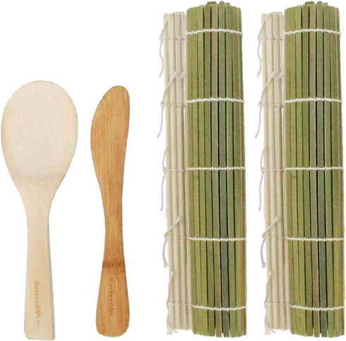 BambooMN Sushi Making Kit 2x Green Bamboo Rolling Mats, 1x Rice Paddle, 1x Spreader | 100% Bamboo Mats and Utensils...