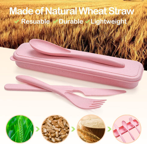 Reusable Travel Utensils Set with Case, 6 Sets Wheat Straw Portable Knife Fork Spoons Cutlery, Eco-Friendly BPA Free Plastic Tableware for Kids Ad...