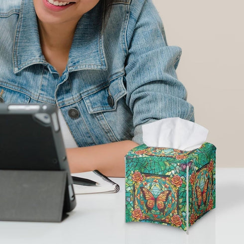 Butterfly Rose Print Tissue Case Cover Square, Waterproof Tissue Box Cover for Home Office, Foldable Kleenex Tissues Cube Boxes with Bottom Belt, ...