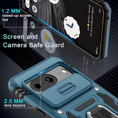DEERLAMN for Google Pixel 8 Case with Slide Camera Cover+Screen Protector (1 Pack), Rotated Ring Kickstand Military Grade Shockproof Heavy Duty Pr...