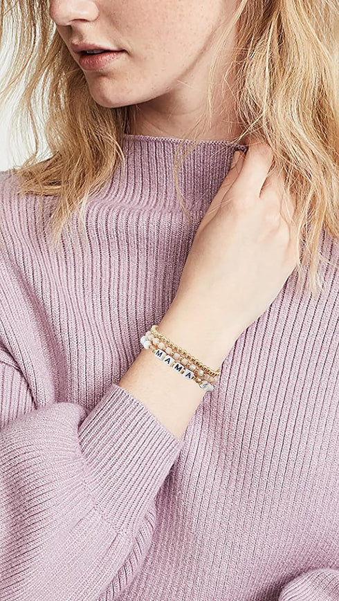 MAMA Bracelet Dainty Gold Crystal Beaded Bracelets Set for Women Stackable 14K Gold Plated Beads Nature Stone Layered Stretch Bracelets Mother's D...
