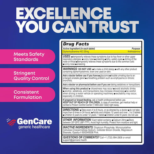 GenCare - Allergy Relief Medicine | Antihistamine Diphenhydramine 25mg (600 Tablets Per Bottle) Value Pack | Relieve for Itchy Eyes, Sneezing, Run...