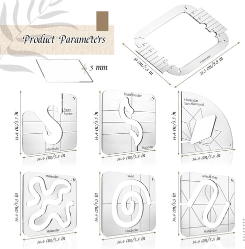 Halandar 7P Free Motion Quilting Template Series with 1 Quilting Frame 1 Shank Ruler Foot 15P Non-Slip mats, 3mm Acrylic Templates for DIY Quiltin...