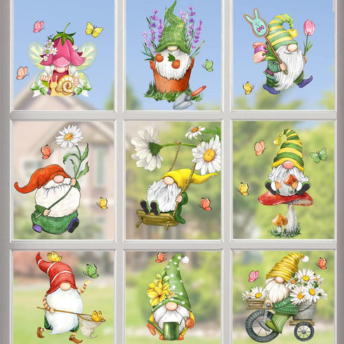 Mfault 9 Sheets Spring Gnomes Flowers Window Clings, Floral Daisy Tulip Lavender Glass Stickers Decals Decorations, Butterfly Mushroom Bicycle Swi...