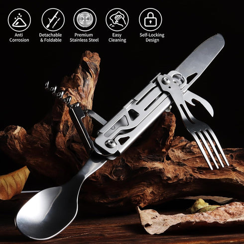 Camping Utensils, 6-In-1 Detachable Stainless Steel Camping Flatware Multi-tool kits with Spoon Fork Knife Corkscrew Bottle&Can Opener, Folding Po...