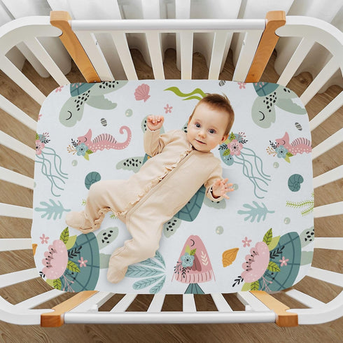 Fitted Crib Sheets Turtle Sea Horse Stretchy Portable Playard Sheets for Baby Toddler, Breathable Soft Mini Crib Mattress 39 x 27 in for Boys and ...